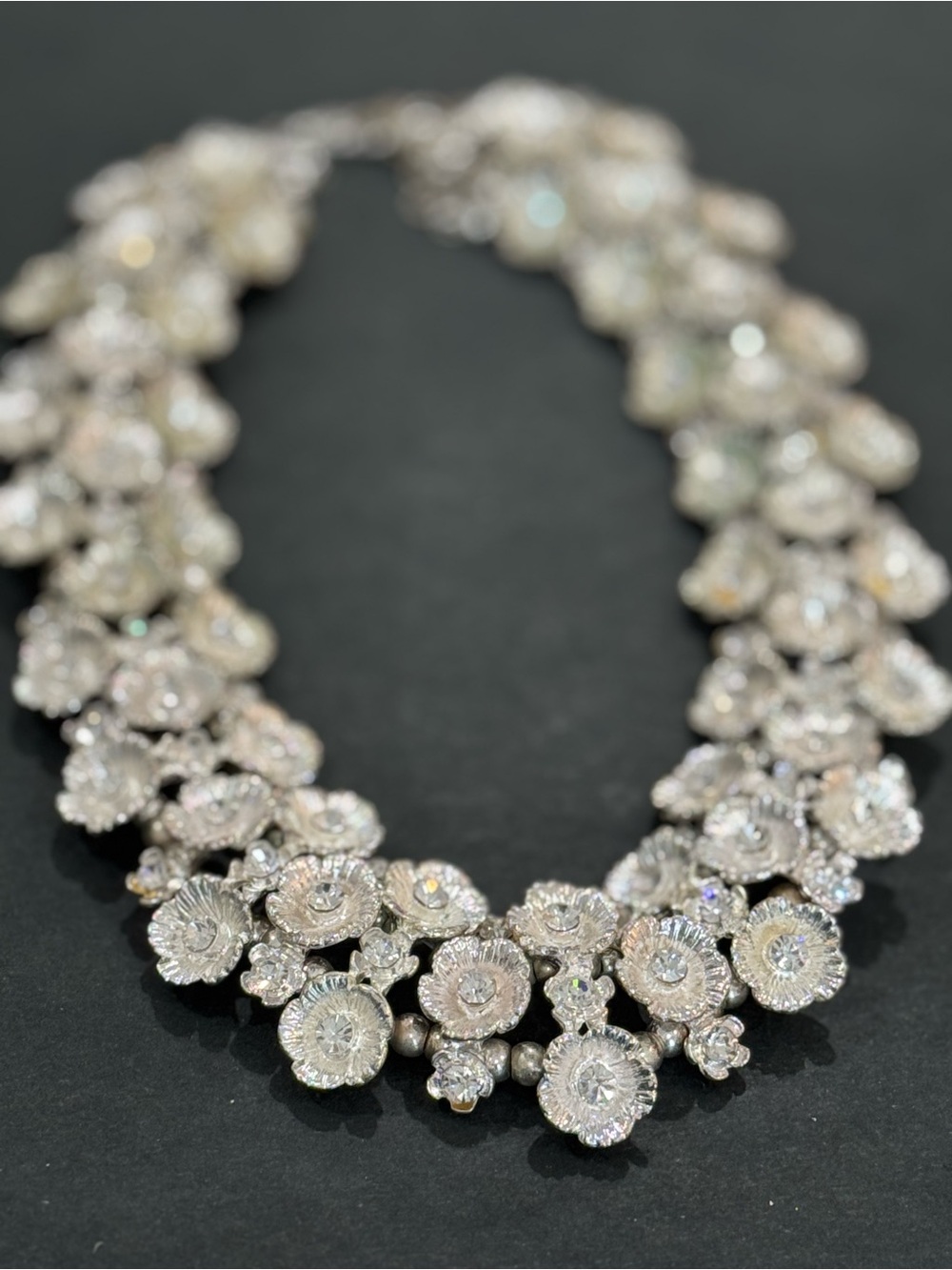 Crystal Floral Statement Necklace - Silver Tone